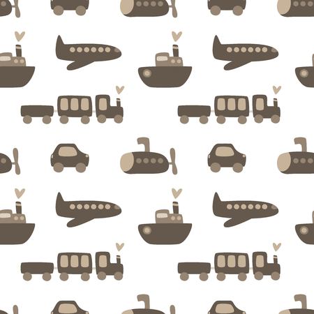Cute seamless pattern with airplane, car, train, ship. Print for kids. Vector illustration.のイラスト素材