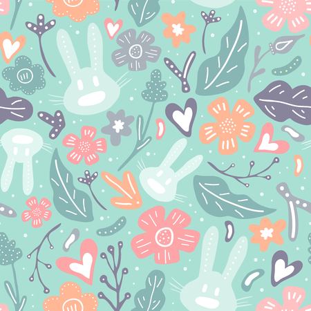 Spring flowers. Vector seamless pattern with flowers, leaves and rabbits. Fresh pattern for home decor. Seamless pattern can be used for fills, web page background, surface textures.のイラスト素材