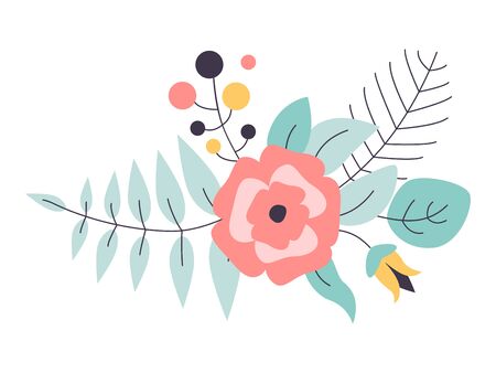 Floral vector bouquet with wild flowers. Hand drawn rustic isolated objects. Decorative Invitation cards for wedding, birthday party.のイラスト素材