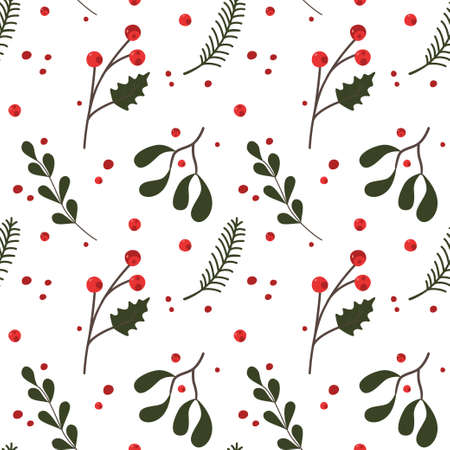 Seamless pattern Merry Christmas and New Year with Mistletoe and Winter plants. Vector illustration.
