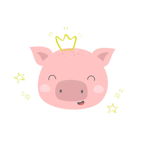 Nursery wall art Pig poster Gender neutral print Modern illustration for kids Baby animal with stars and crown vector cardのイラスト素材