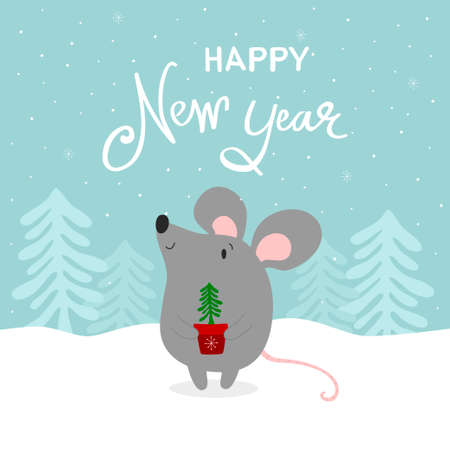 Happy New Year greeting card with cute rat. Chinese New Year. Vector illustration.のイラスト素材
