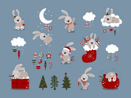 Set of Merry Christmas and New Year Cliparts with cute bunny. Vector illustration.のイラスト素材