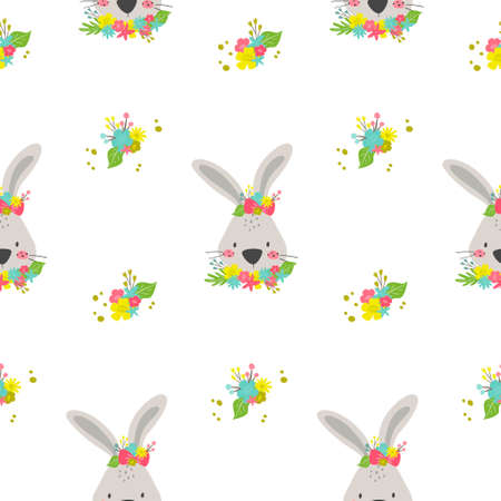 Easter seamless pattern with cute bunny and flower. Vector illustration.のイラスト素材