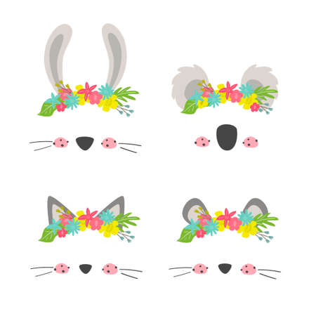 Floral animal faces. Animal head mask with flower crown and wreath for baby girl. Cute kids design. Print for shirts postcards and posters. Girly vector illustration.のイラスト素材