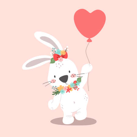 Mother's Day vector cards. Cute Easter Bunny with spring flowers isolated on a white background. Happy Easter greeting card. Vector illustration.のイラスト素材