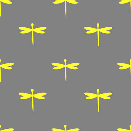 Seamless pattern with yellow dragonfly on gray background. Vector illustration.のイラスト素材