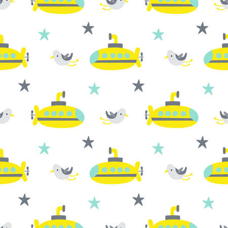 Seamless pattern with cute cartoon seagulls and submarines. Childish simple pattern with cute submarines in Scandinavian style on a white background. Vector illustration.のイラスト素材