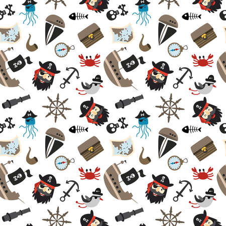 Seamless pattern pirates with ship, seagull, skull, anchor, treasure chest. Vector illustration for designs, prints and patterns. Isolated on white background.のイラスト素材