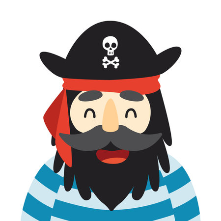 Cute pirate in black hat with skull and crossbones. Postcard in children's cartoon style. Vector illustration for designs, prints and patterns.のイラスト素材