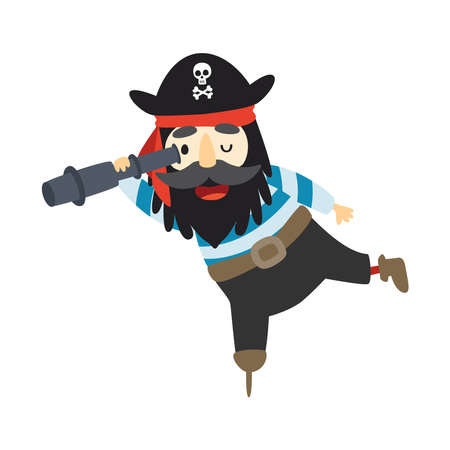 A cute pirate is holding a spyglass in his hand. A postcard in a children's cartoon style. Vector illustration for designs, prints and patterns.のイラスト素材