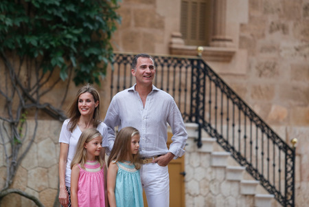 Palma de Mallorca, Spain - August 3, 2015 - Spain Kings, King Felipe, Queen Letizia and Princesses Leonor (R) and Sofia, pose for photographers at Marivent Palace garden during the start of their holidays in the spanish Balearic island.のeditorial素材