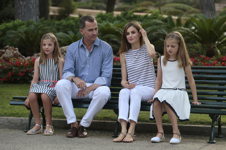 Palma de Majorca. Spain - August 4, 2016 - Spain royals King Felipe and Queen Letizia pose with their Daughters Leonor and Sofia in the Marivent Palace gardens in the Spanish Balearic island of Mallorcaのeditorial素材