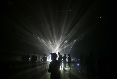 Barcelona, Spain - June 15, 2017 - Public under stage lights at Sonar advanced music and arts festival.のeditorial素材