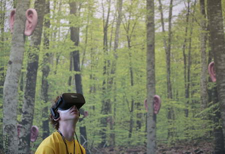 Barcelona, Spain - June 15, 2017 - A boy uses a virtual reality headset at Sonar advanced music and arts festival.のeditorial素材