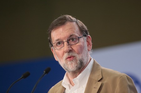 Palma de Mallorca, Spain - April 21, 2018 - Spain Prime Minister Mariano Rajoy gestures during his speech on a tourism convention in the Spanish island of Mallorcaのeditorial素材