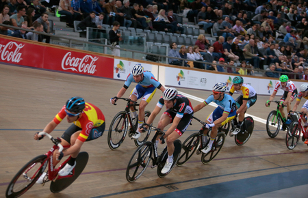 Palma de Mallorca, Spain - April 14, 2018 - Cyclists ride during their final race at the Sixday cycling event finals in Palma, on the Spanish island of Mallorca.のeditorial素材