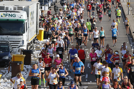 Palma de Mallorca, Spain - October 14, 2018 - Runners compete duiring the Palma Marathon, in the Mediterranean Spanish island of Mallorcaのeditorial素材