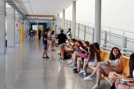 Palma de Mallorca / Spain - July 9, 2019: Students before entering classroom to pass their university access examination in Palma de Mallorca university in the Spanish Balearic islandのeditorial素材