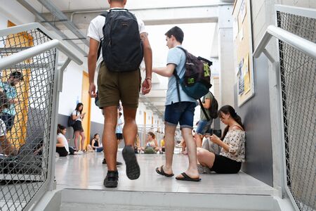 Palma de Mallorca / Spain - July 9, 2019: Students before entering classroom to pass their university access examination in Palma de Mallorca university in the Spanish Balearic islandのeditorial素材