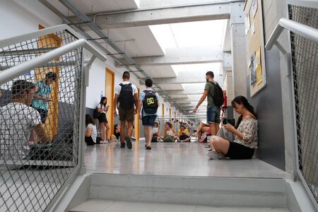 Palma de Mallorca / Spain - July 9, 2019: Students before entering classroom to pass their university access examination in Palma de Mallorca university in the Spanish Balearic islandのeditorial素材