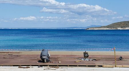 Magaluf beach, Mallorca / Spain - April 9, 2019: Magaluf beach view during spring season when...
