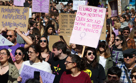 Palma de Mallorca / Spain - March 8, 2020: Women march wearing banners and shouting slogans during the Internationa Women Day (8th March) in Palma de Mallorca.のeditorial素材
