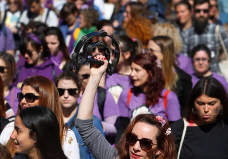 Palma de Mallorca / Spain - March 8, 2020: Women march wearing banners and shouting slogans during the Internationa Women Day (8th March) in Palma de Mallorca.のeditorial素材