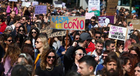 Palma de Mallorca / Spain - March 8, 2020: Women march wearing banners and shouting slogans during the Internationa Women Day (8th March) in Palma de Mallorca.のeditorial素材