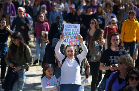 Palma de Mallorca / Spain - March 8, 2020: Women march wearing banners and shouting slogans during the Internationa Women Day (8th March) in Palma de Mallorca.のeditorial素材
