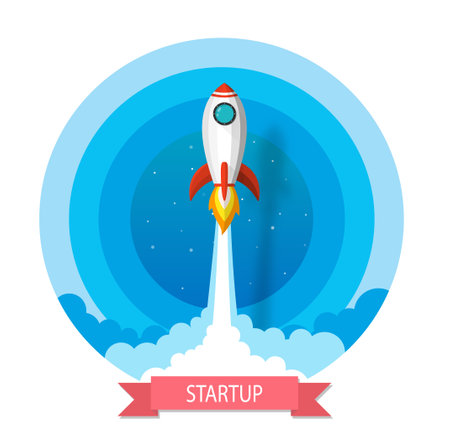 space rocket launch to the sky in startup concept of business or project. vector illustrator paper artのイラスト素材