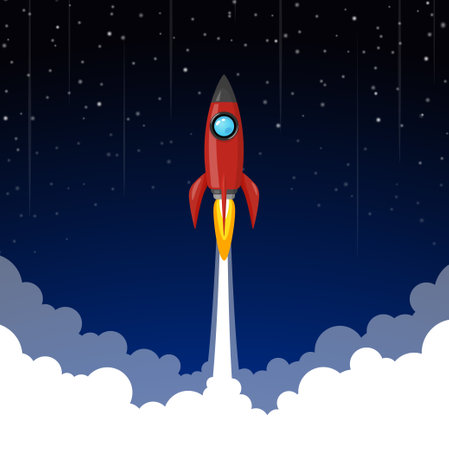 space rocket launch to the night sky, stars and clouds on background.のイラスト素材