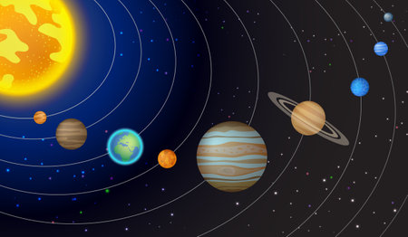 Our solar system, light starts, asteroid belt and universe on dark background. vector illustrationのイラスト素材