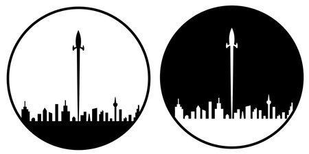 space rocket launch to the sky and city on background. vector illustratorのイラスト素材