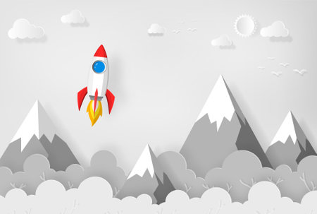 space rocket launch to the sky, mountains, trees and clouds on background. vector paper art or paper cut conceptのイラスト素材