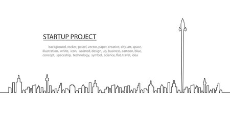 space rocket launch to the sky and city on background. vector line conceptのイラスト素材