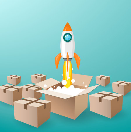 space rocket launch from the opening box to the sky, and many close box on background.のイラスト素材