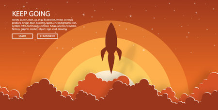 rockets launch into the night sky with text ,label, stars and clouds on background. business or startup conceptのイラスト素材