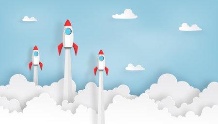 paper art of space rocket launch to the sky in startup concept of business or project. vector illustratorのイラスト素材