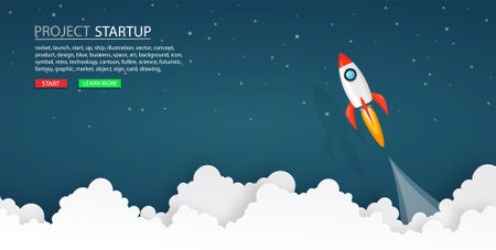 rockets launch into the night sky with text ,label, stars and clouds on background. business or startup conceptのイラスト素材