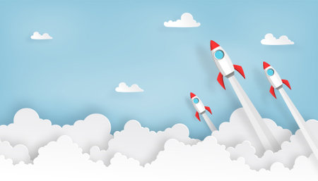 paper art of space rocket launch to the sky in startup concept of business or project. vector illustratorのイラスト素材