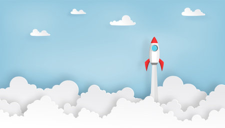 paper art of space rocket launch to the sky in startup concept of business or project. vector illustratorのイラスト素材