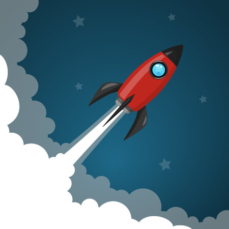 space rocket launch to the night sky, stars and clouds on background.のイラスト素材