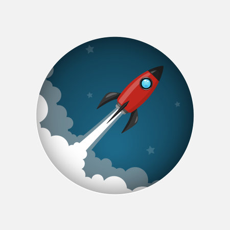 red space rocket launch model icon and flame on night sky and smoke background. logo or bannerのイラスト素材