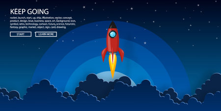 rockets launch into the night sky with text ,label, stars and clouds on background. business or startup conceptのイラスト素材