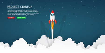 rockets launch into the night sky with text ,label, stars and clouds on background. business or startup conceptのイラスト素材
