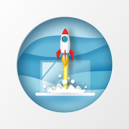 Rocket or space ship in circle frame launch from laptop to the blue sky on presentation template background in vector paper art concept. Business market or startup product - project concept.のイラスト素材