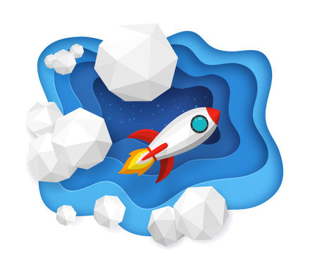 rockets launch into the blue sky and clouds on background. Illustration paper art and 3D conceptのイラスト素材