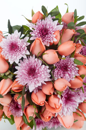 Bouquet of pink and purple chrysanthemums on a white backgroundの写真素材