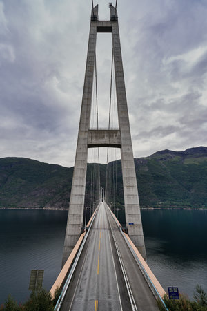 Cable-stayed bridge over the fjord in Norwayの写真素材